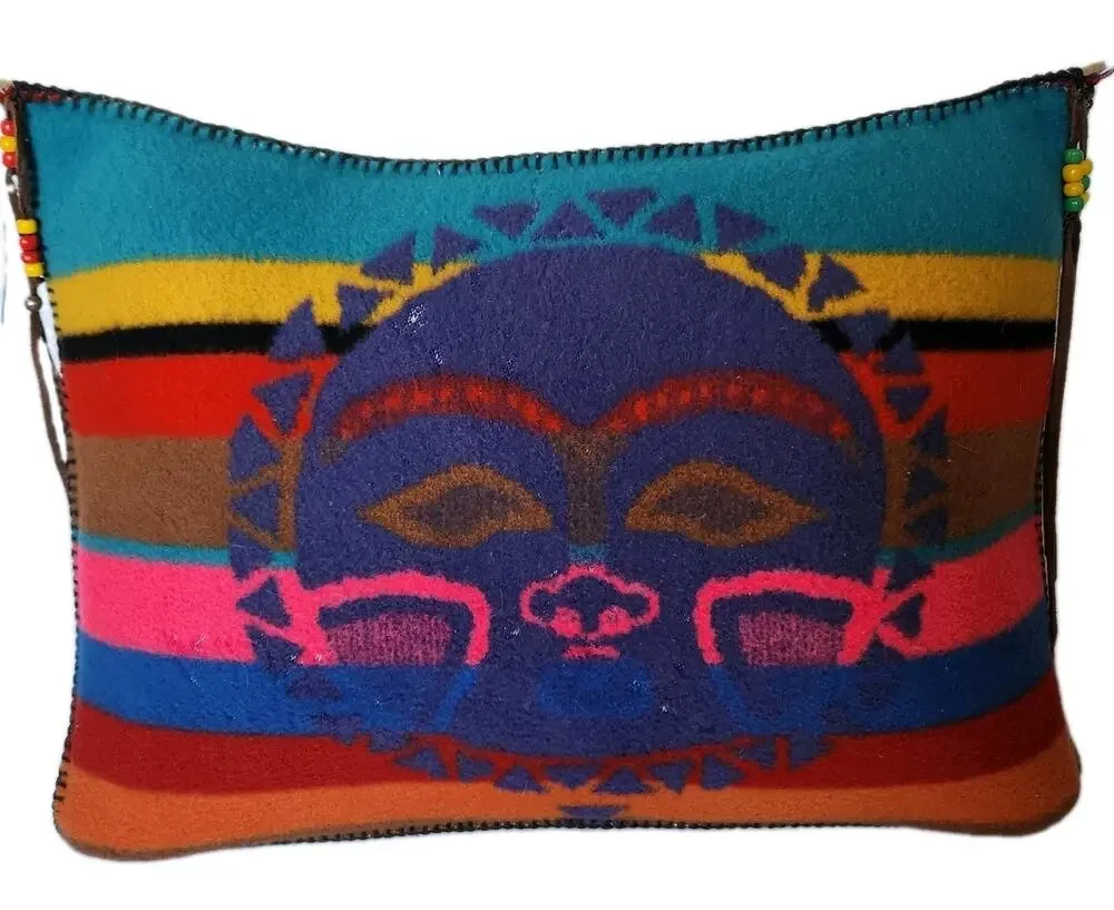 Vintage 70s Artisan Wool Leather Folk Art Tribal Boho Hand Stitched Pillow 20x15